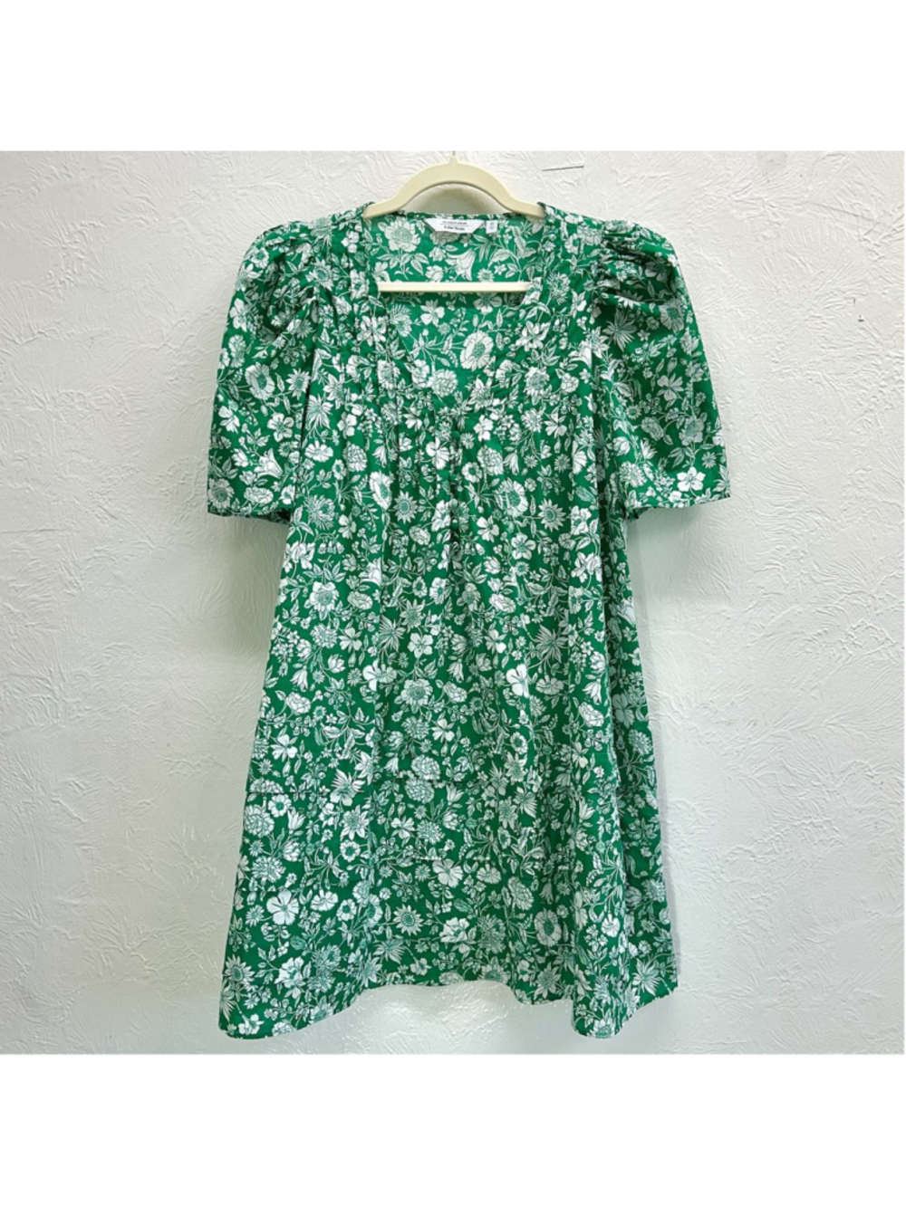 & Other Stories Green White Floral Puff Sleeve Pintuck Babydoll Mini Dress Sz 8